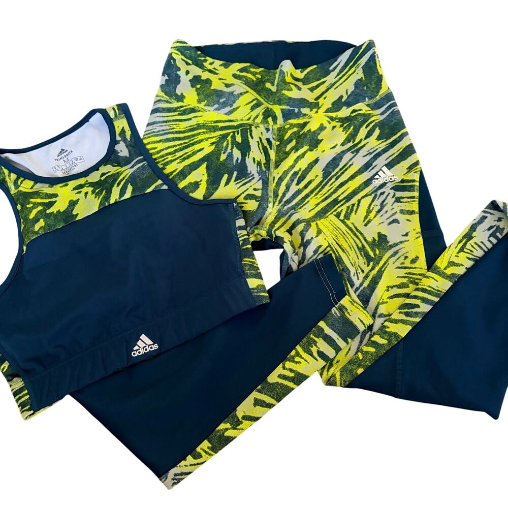 Adidas Leggings Crop Top Set Women Teal Yellow - Size M